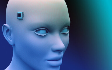 head of woman with an electronic chip on her temples