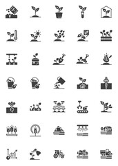 Farming agriculture vector icons set, modern solid symbol collection, filled style pictogram pack. Signs, logo illustration. Set includes icons as combine harvester tractor, field irrigation