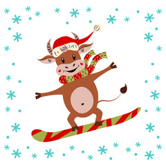 Cute bull on a snowboard is jumping. Cartoon character. The symbol of the New Year. Christmas. Winter sport. Copy space. Flat design. Vector. Funny animal, snowflakes. Isolated image.