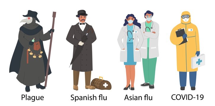 World Pandemic Doctor Cartoon Character Set, Flat Vector Illustration. Medieval Plague, 1918 Spanish Influenza, 1957 Asian Flu, Coronavirus Covid-19 Pandemic. Healthcare Professionals Costume, Uniform