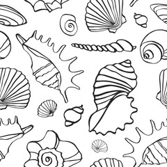 Decorative seamless pattern with shells outlined with a black line isolated on white. Background with sea symbols in Chinese style. Wrapping paper, Wallpaper, fabric printing. Vector illustration.