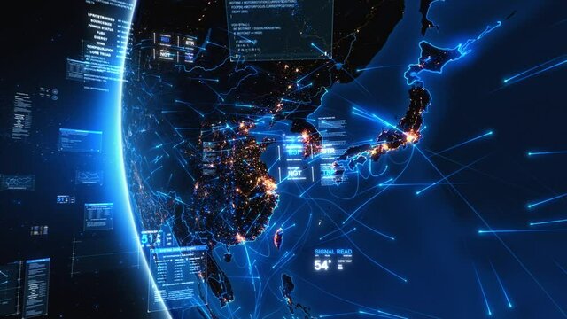 Bright connections and holographic charts forming a network over Southeast Asia. This video can be use to represent concepts like futuristic technology, social networks, augmented reality, IOT.