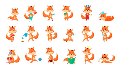 Cute little foxes showing various emotions and actions. Cartoon characters of animals. Flat vector illustration. 