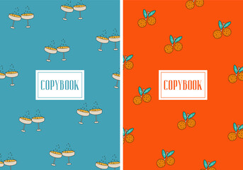 Fototapeta premium Merry Christmas. Set of bright vector flat covers for copybook with tangerines and glasses of champagne. Covers in two colors for winter holidays. Winter Christmas copybooks with funny elements. 