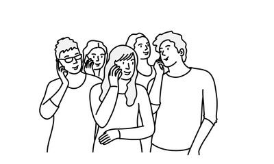 Group of young people talking on the phone. Hand drawn vector illustration.