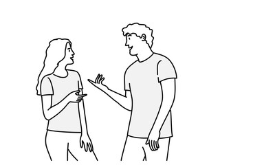 Young man and woman talking. Hand drawn vector illustration.