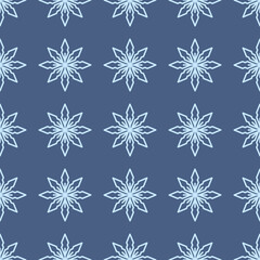 Navy blue seamless pattern with simple blue snowflakes for Christmas and New Year design, wrapping paper, wallpapers. 