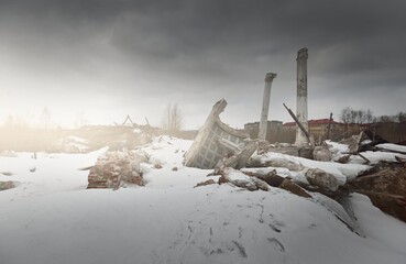Dramatic sky with dark clouds above the ruins of an old building, Exterior details, columns...