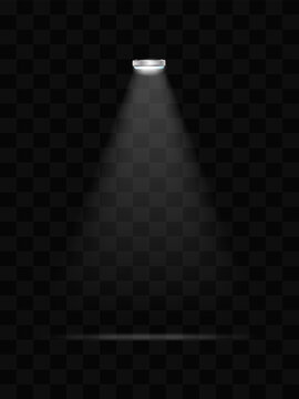 Realistic white glowing spotlights on a transparent background. Stage lighting. Vector.