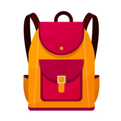 Colored school backpack. Education, schoolbag luggage, rucksack. Kids school bag with education equipment. Backpacks with study supplies. Student satchels. Vector illustration