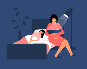 Mom reads a bedtime story to her sleeping daughter. Repetition of lessons before bedtime. Family leisure in the evening. The girl is sleeping in the bed. Flat vector illustration.