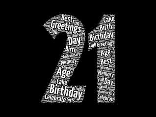 Happy 21st birthday word cloud, holiday concept background