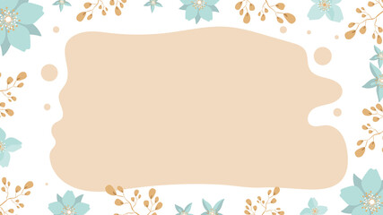Frame made of leaves, flowers and herbs. Light blue and gold color. Ready-made poster in gentle colors with place for text. For weddings and women's parties. Vector.
