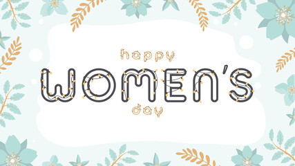 Fototapeta na wymiar Happy womens day banner. Poster with flowers, leaves and grass. Delicate blue-brown tones. Vector.