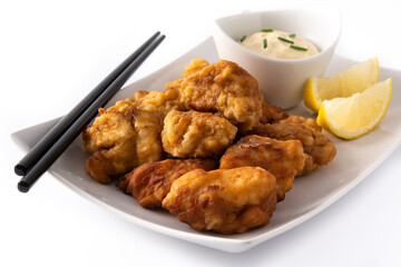 Spicy chicken karaage isolated on white background	