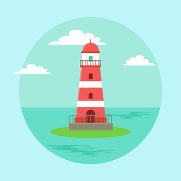 Lighthouse blue seascape horizon in daytime. Beacon surrounded by sea water vector illustration. Building with a small fence stands on a patch of island. Lighthouse on the background of sky and clouds