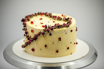 Delicious white vanilla cake with heart decor for Valentine's Day or wedding