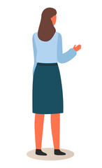 Vector illustration of business woman in official clothes. Question pose or presentation pose with raised hand. Flat young woman back view. Female in formal dark skirt and blue blouse corporate dress