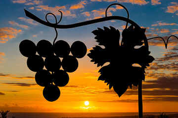 Silhouette enseigne de vigne sur fond de soleil couchant 