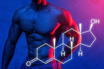 Muscular male torso and testosterone formula - obrazy, fototapety, plakaty