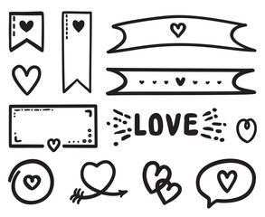 Hand drawn objects and hearts. Different elements for banner, flyer or poster. Valentine's day. Black and white illustration