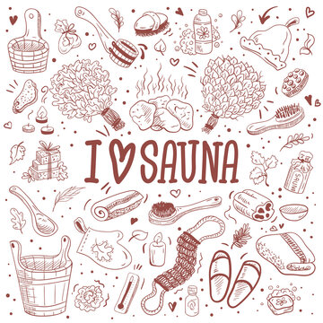 Collection of sketches of icons "I love sauna". Sketches of items for saunas and baths.