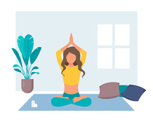 Woman doing yoga in cozy modern interior. Young girl practicing meditation. Healthy lifestyle. Colorful flat vector illustration.