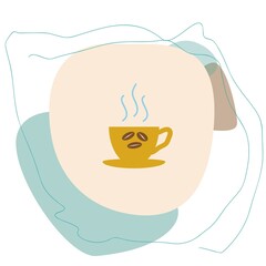 A Cup of fresh coffee on a modern liquid beige background. Flat Style. Decorative design for cafes, posters, banners, postcards.