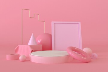 Abstract mock up pastel color Scene, pink geometric shape podium showcase.minimalist mockup for podium display ,3d render.	
