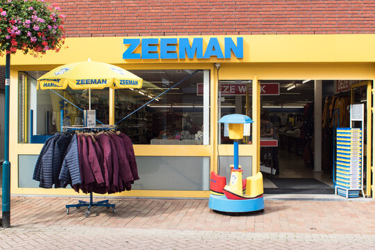Store front and entrance to Zeeman shop store showing goods for sale and company logo, signage and branding