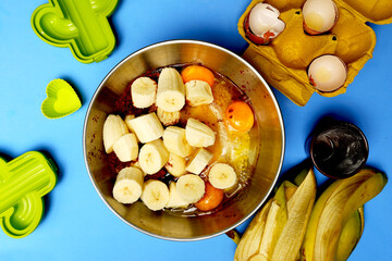 top view of mixture to prepare a banana cake. organic products. I cook at home. flat lay flat design