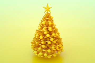 Golden Christmas tree with glossy balls. Perfect for greeting cards, holiday design. 3d rendering