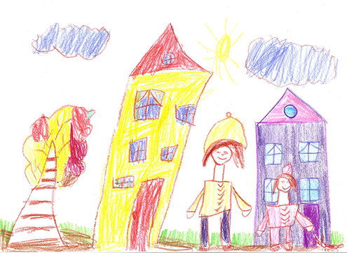 Child's drawing of a happy family on a walk outdoors