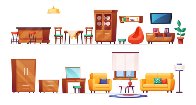 Living room furniture cartoon. Furniture for home interior decor, cozy living room and kitchen. Wooden wardrobe, windows with curtains, armchair, pillows, sofa, bar counter, shelf with books