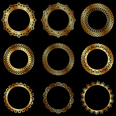 Openwork round frames color gold, vector isolated illustration, design, decoration, wedding and greeting cards, logos, paper scrapbooking