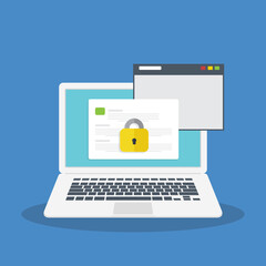 Locked access to document. Secure confidential document on a laptop, padlock on document, online access with private lock, illustration.	