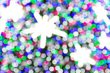 Abstract background with colorful bokeh lights, winter Christmas tree background with sparkling stars 