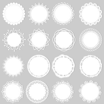 Set of white openwork napkins, vector illustration, paper scrapbooking, laser cutting, clipart, design, decoration, paper, template