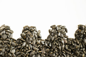 Sunflower seeds close-up and macro on the white background, large group of seeds