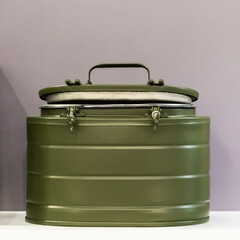 Khaki army thermos, dishes for military field kitchen of the times of the USSR in retro style, Soviet soldier camp bowler hat for survival in extreme situations, tourist hunter equipment