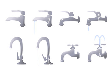 Set of illustrations of bath and sink faucet. Broken tap, water flowing. Fixing faucets, urgent repair of sanitary equipment.