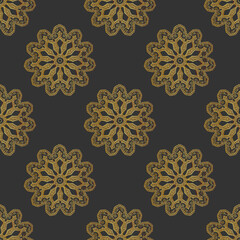 seamless pattern of golden mandalas on dark gray background.