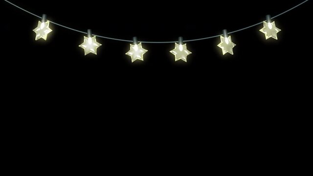 Star shaped Christmas string lights, light yellow, transparent texture, gentle light flicker, 3D animation, on transparent background in 4K version only and with alpha matte for HD version.
