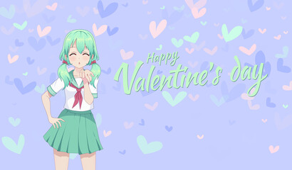 Anime manga schoolgirl in a sailor suit send air kisses.  Vector illustration. Valentine's day card