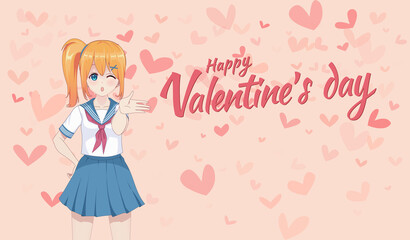 Anime manga schoolgirl in a sailor suit send air kisses.  Vector illustration. Valentine's day card