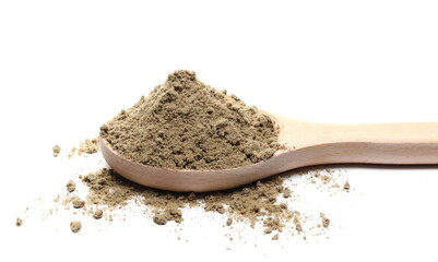 Sunflower flour pile with wooden spoon isolated on white background