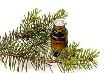 Spruce essential oil in a bottle, with fresh spruce twigs on white background