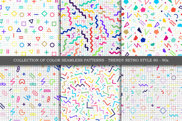 Collection of vector seamless colorful patterns with geometric shapes. Abstract trendy drawing backgrounds. Fashion design - retro style 80-90s