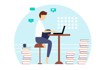 Overworked man sitting at a table with a laptop. Large amount of work. illustration in a flat style.