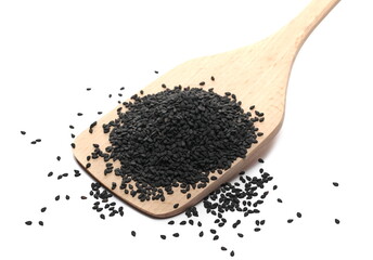 Black sesame seeds pile with wooden spoon isolated on white background